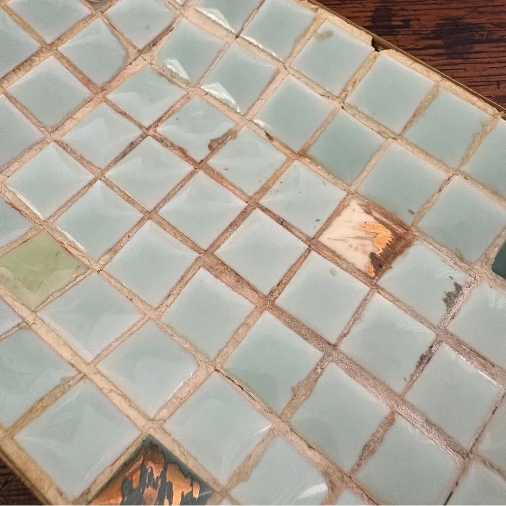 Mid-Century Aqua Mosaic Tile Trinket Tray with Gold-Tone Base